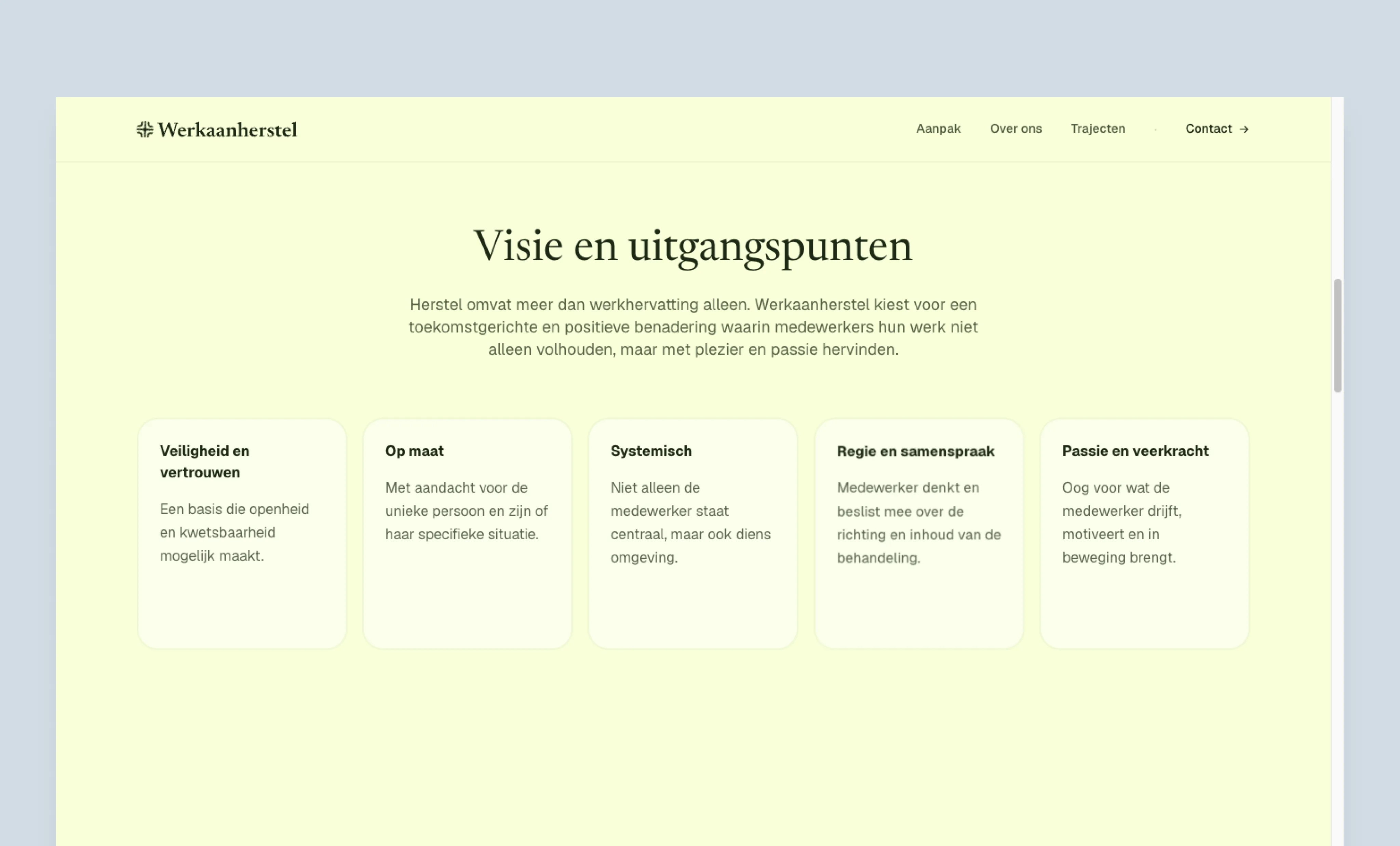 Visiesectie met vijf principekaarten op een zachtgele achtergrond.
