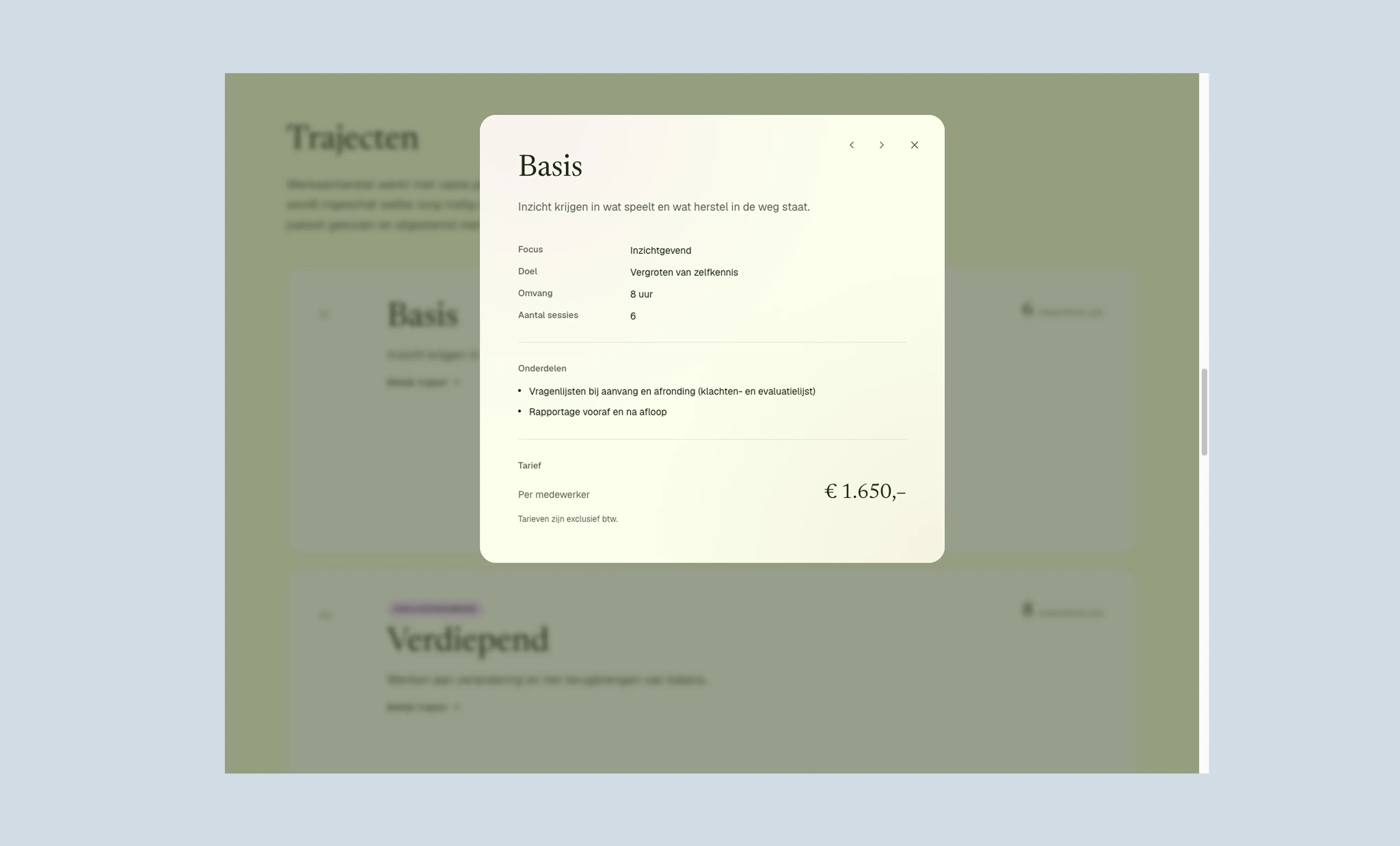 Detaildialoog voor het Basis-pakket, met focus, doel, duur, sessies en tarief.