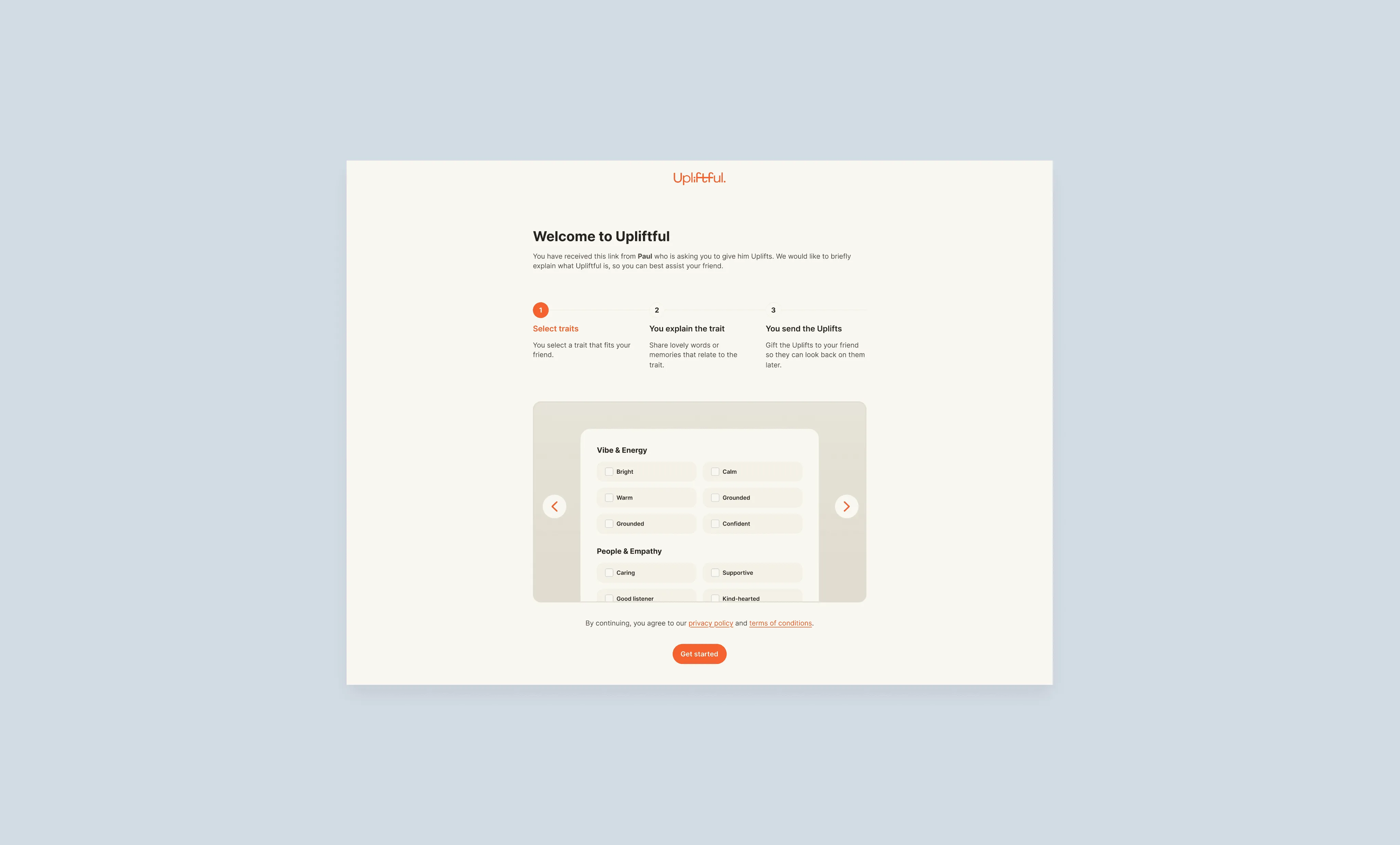 Web-onboarding — Welkom bij Upliftful, met uitleg over de drie stappen om een uplift te geven