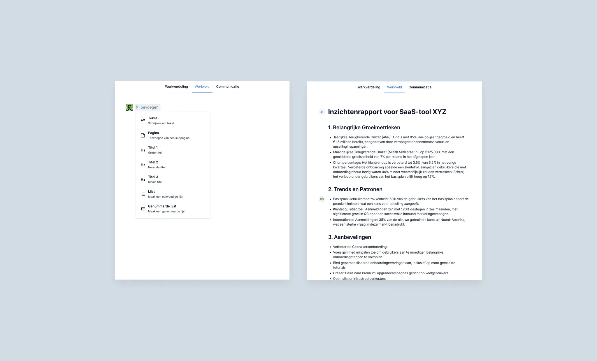 Documenteditor voor het schrijven van gestructureerde financiële rapporten, met een inzichtenrapport ernaast