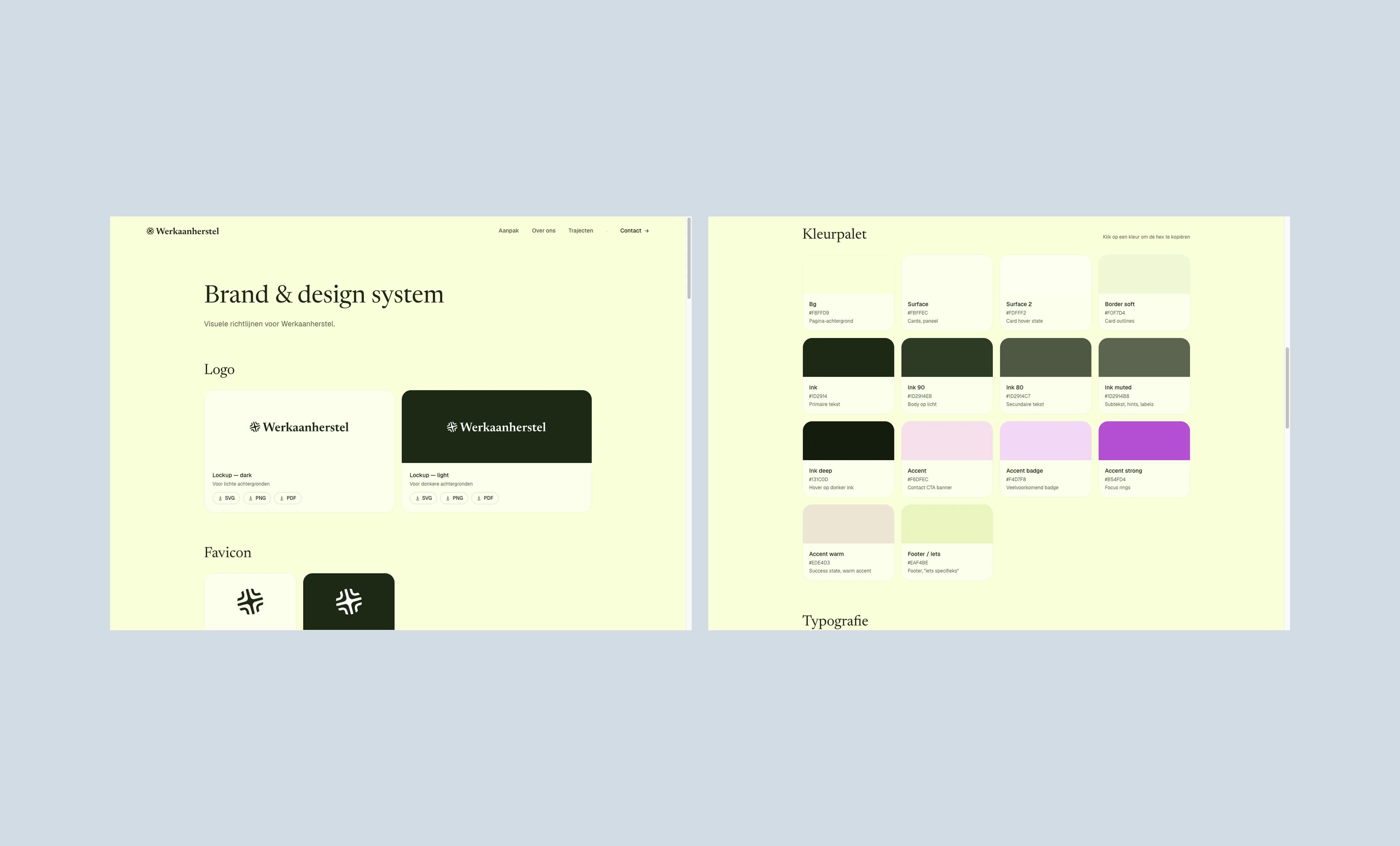 Merk- en ontwerpsysteem: logolockups, favicon en kleurenpalet.