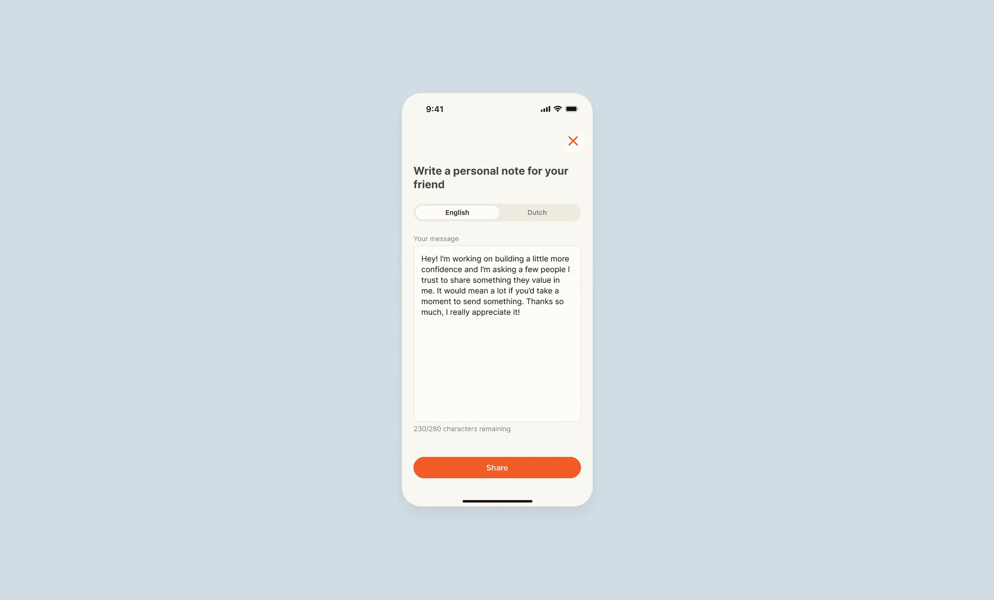 Uitnodigingsflow — een persoonlijk bericht schrijven om een vriend om een uplift te vragen