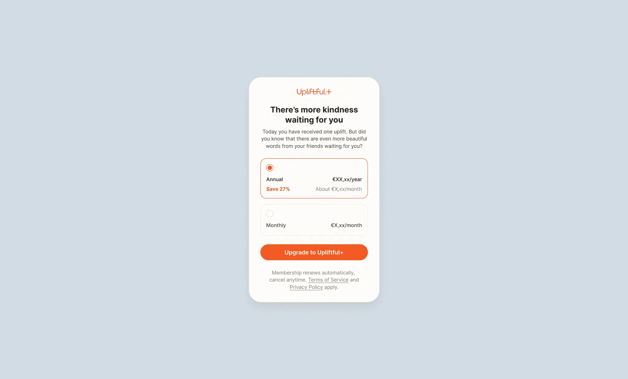 Upliftful+ — het abonnementsscherm met jaarlijkse en maandelijkse prijzen