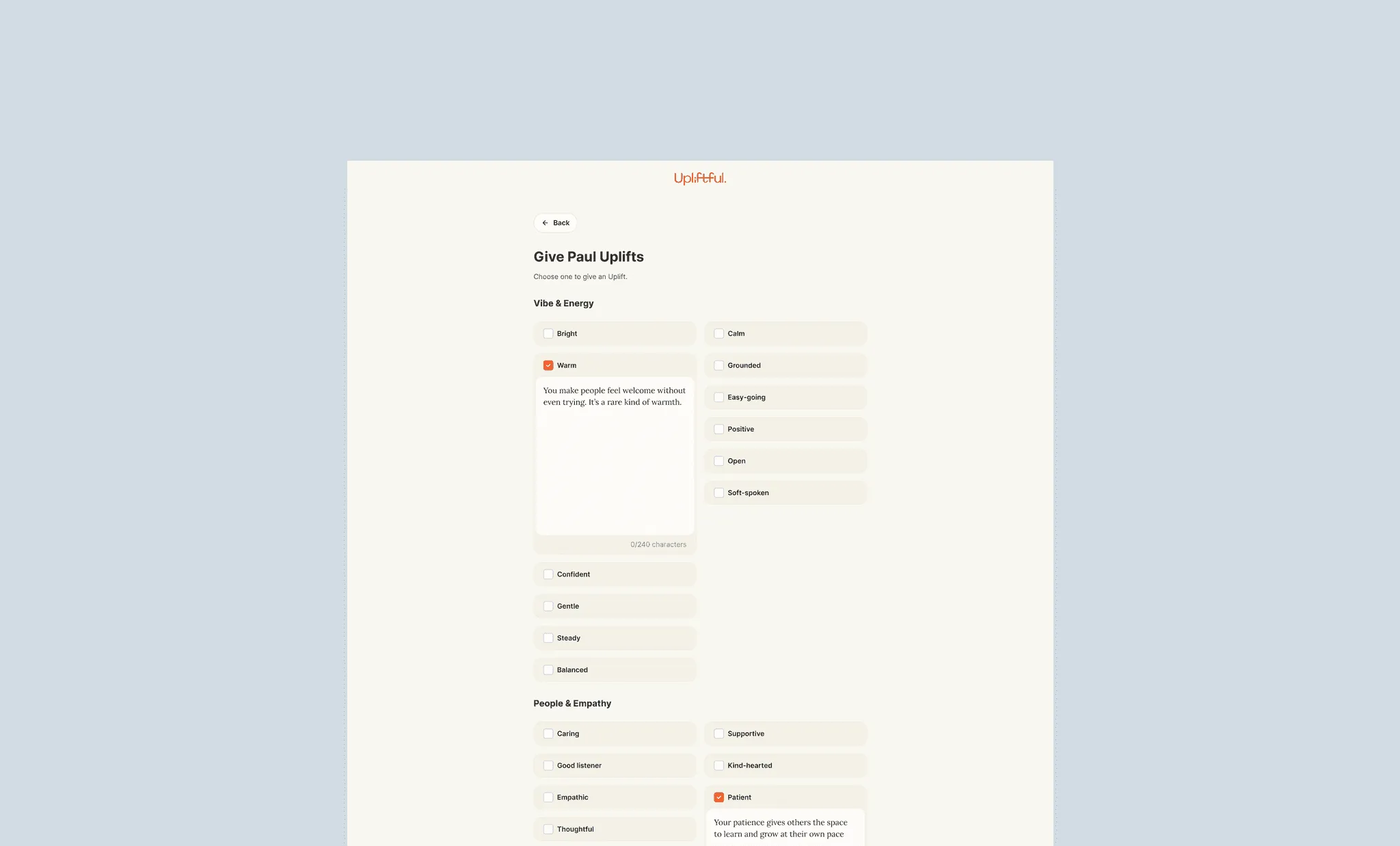 Web uplift-composer — eigenschappen selecteren en uplifts schrijven voor een vriend